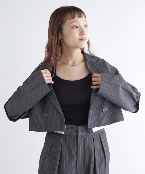 w closet（ダブルクローゼット）の「【2WAY】ショートダブルテーラードジャケット（テーラードジャケット・レディース・ネイビー×ホワイト/チャコールグレー/グレー系その他・FREE）」の9枚目の写真