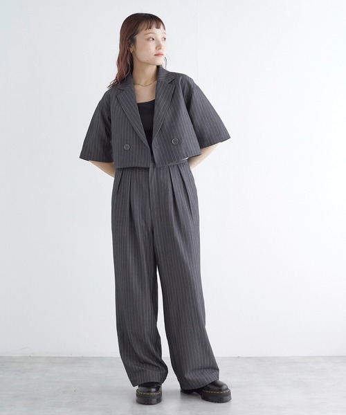 w closet（ダブルクローゼット）の「【2WAY】ショートダブルテーラードジャケット（テーラードジャケット・レディース・ネイビー×ホワイト/チャコールグレー/グレー系その他・FREE）」の11枚目の写真