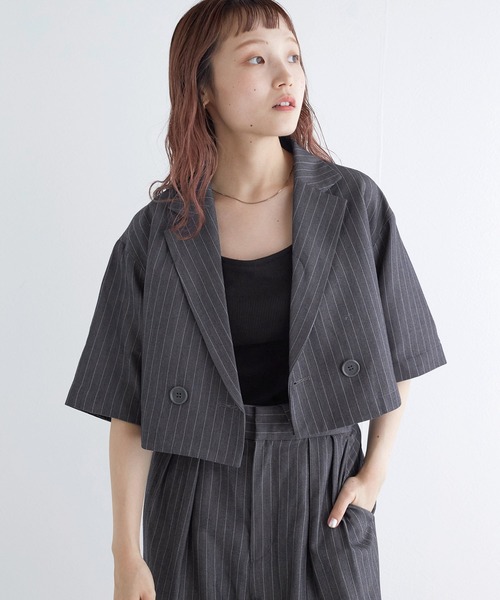 w closet（ダブルクローゼット）の「【2WAY】ショートダブルテーラードジャケット（テーラードジャケット・レディース・ネイビー×ホワイト/チャコールグレー/グレー系その他・FREE）」の12枚目の写真