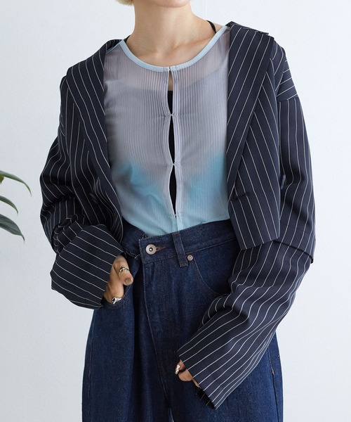 w closet（ダブルクローゼット）の「【2WAY】ショートダブルテーラードジャケット（テーラードジャケット・レディース・ネイビー×ホワイト/チャコールグレー/グレー系その他・FREE）」の15枚目の写真