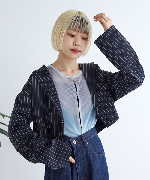 w closet（ダブルクローゼット）の「【2WAY】ショートダブルテーラードジャケット（テーラードジャケット・レディース・ネイビー×ホワイト/チャコールグレー/グレー系その他・FREE）」の20枚目の写真