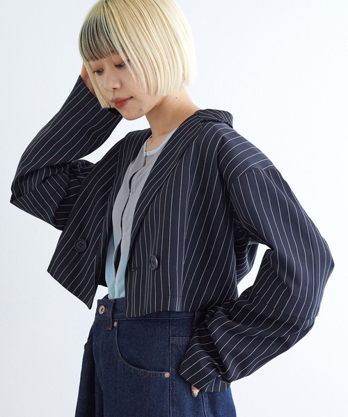 w closet（ダブルクローゼット）の「【2WAY】ショートダブルテーラードジャケット（テーラードジャケット・レディース・ネイビー×ホワイト/チャコールグレー/グレー系その他・FREE）」の22枚目の写真