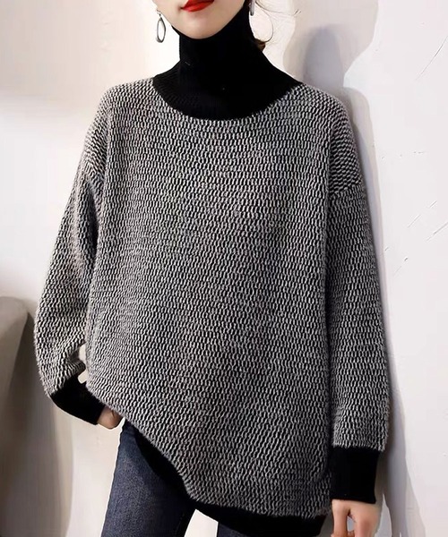 Dewlily(デューリリー)の「ハイネック切り替えオーバーニット(ニット/セーター・レディース・オレンジ/ブラック/カーキ・FREE)」の2枚目の写真