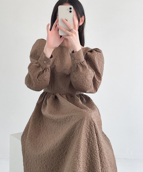 セール】ふくれジャガードボリューム袖フレアロングワンピース