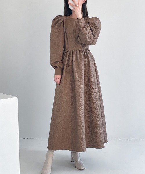 セール】ふくれジャガードボリューム袖フレアロングワンピース