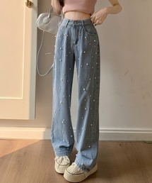 パール付きルーズデニムパンツ