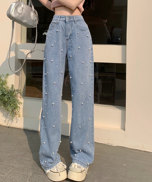 Twinkle;pm(トゥインクルピーエム)の「パール付きルーズデニムパンツ(デニムパンツ・レディース・ライトブルー・SMALL/MEDIUM/LARGE/X-LARGE)」の9枚目の写真