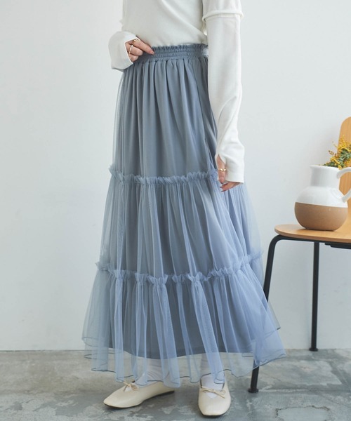 mil(ミル)の「【150㎝前後の小柄さんサイズ】ティアードチュールスカート【裏地付き】(スカート・レディース・ブラック/サックスブルー/オフホワイト・XXS/XS/S)」の3枚目の写真