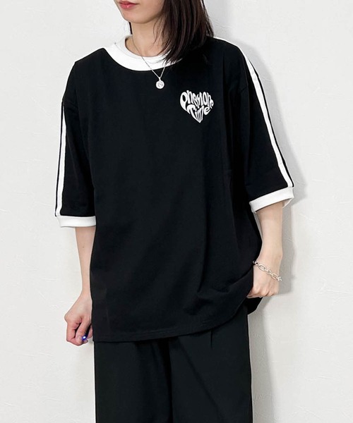 Ritzy（リッツィー）の「16/TC 天竺袖ライン 刺繍Tシャツ(ハートLOGO、Marseille） レディース メンズ（Tシャツ/カットソー・メンズ・ブラック/ホワイト/ブラック系その他/ホワイト系その他・MEDIUM/LARGE/X-LARGE/SMALL）」の4枚目の写真