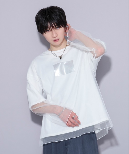 Ellno Loset(エルノロゼット)の「メタリックptチュールレイヤードT(Tシャツ/カットソー・メンズ・オフホワイト/ブラック・MEDIUM/SMALL/LARGE)」の4枚目の写真