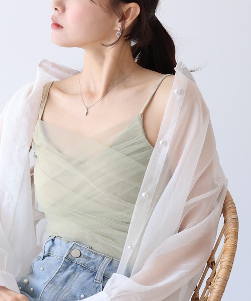 BLUEEAST（ブルーイースト）の「カップ付きチュールレイヤードキャミソール（キャミソール・レディース・ミント/ホワイト/ブラック/ベージュ/ブラウン/グレー/パープル・MEDIUM）」の6枚目の写真