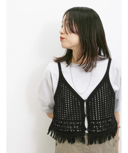 Samansa Mos2 blue(サマンサモスモスブルー)の「◎前後2wayメッシュフリンジニットビスチェ(ニット/セーター・レディース・ブラック/グレー/オフホワイト・F)」の4枚目の写真