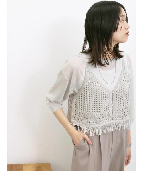 Samansa Mos2 blue(サマンサモスモスブルー)の「◎前後2wayメッシュフリンジニットビスチェ(ニット/セーター・レディース・ブラック/グレー/オフホワイト・F)」の6枚目の写真
