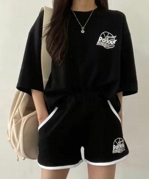 CANVAS+（キャンバスプラス）の「【CANVAS+】スポーティープリントTシャツ×ショートパンツSET（セットアップ・レディース・ブラック/グレー/グリーン/ライトグレー・M）」の2枚目の写真