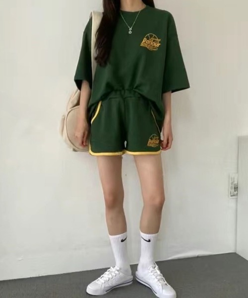 CANVAS+（キャンバスプラス）の「【CANVAS+】スポーティープリントTシャツ×ショートパンツSET（セットアップ・レディース・ブラック/グレー/グリーン/ライトグレー・M）」の9枚目の写真