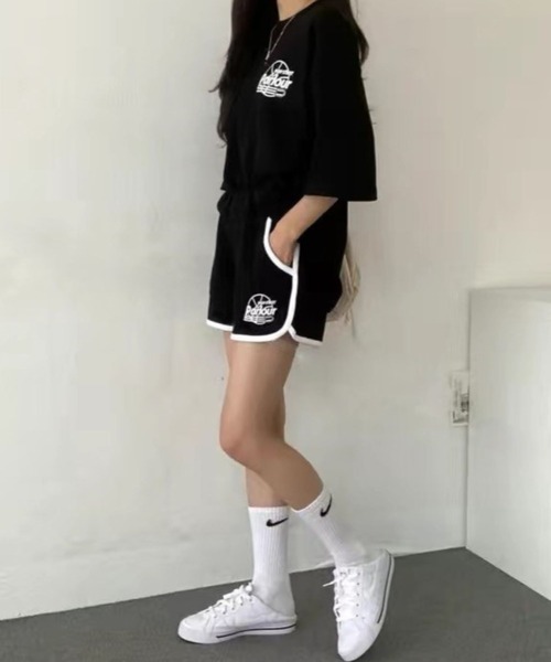 CANVAS+（キャンバスプラス）の「【CANVAS+】スポーティープリントTシャツ×ショートパンツSET（セットアップ・レディース・ブラック/グレー/グリーン/ライトグレー・M）」の21枚目の写真