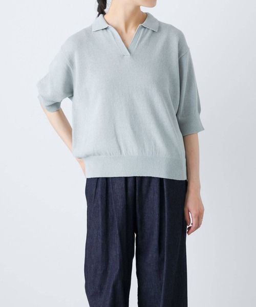 かぐれ（カグレ）の「ハーフスリーブポロニット（ニット/セーター・レディース・ミント/ブラック・FREE）」の7枚目の写真