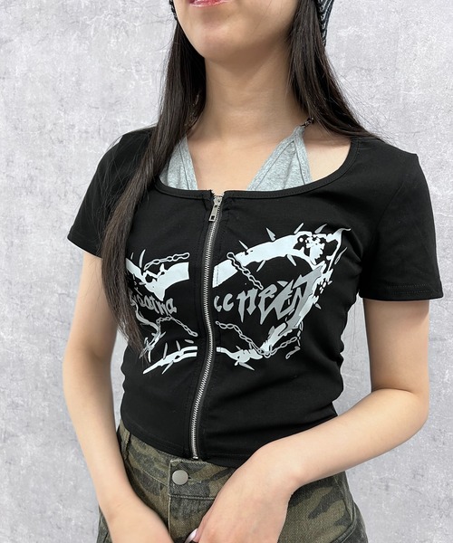 Figments(フィグメンツ)の「フロントZIPキャミセットトップス(Tシャツ/カットソー・レディース・グレー/ブラック・FREE)」の8枚目の写真