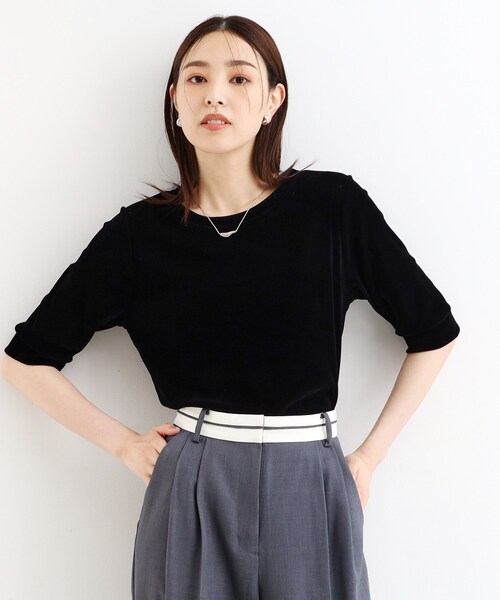 THE SHOP TK (ザ ショップ ティーケー )の「◆【ヒルナンデス!で紹介】ベロア5分袖プルオーバー/洗える(Tシャツ/カットソー・レディース・グレー/ブラック/こしょう色系・12/13)」の1枚目の写真