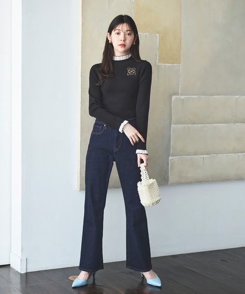 RUIRUE BOUTIQUE（ルイルエブティック）の「洗える ｜ シアー フリル ラグラン ニット ｜ 長袖 リブニット トップス 体型カバー 袖フリル オフィスカジュアル 通勤服 ニットトップス プルオーバー セーター（ニット/セーター・レディース・ブラック×ホワイト/ホワイト/ブラック・M/L/S）」の10枚目の写真