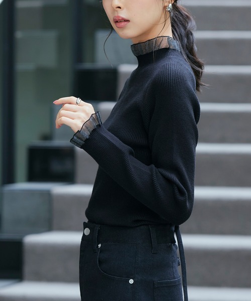 洗える ｜ シアー フリル ラグラン ニット ｜ 長袖 リブニット