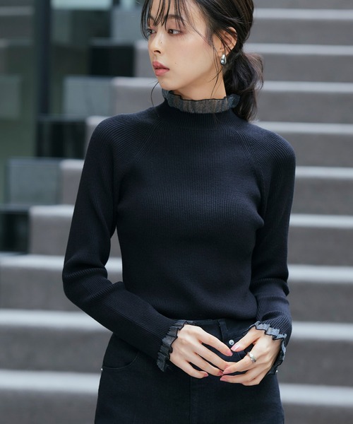 洗える ｜ シアー フリル ラグラン ニット ｜ 長袖 リブニット