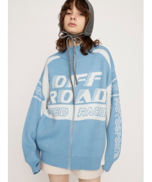 SLY（スライ）の「LOGO JQ ZIP UP C/D ロゴ ジャガード ジップアップ カーディガン（カーディガン/ボレロ・レディース・ネイビー/ブラック/ライトブルー・FREE）」の3枚目の写真