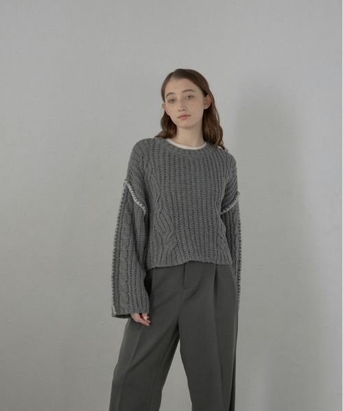MINERTE（ミネルテ）の「【MINERTE】bicolor wide sleeve knit pullover / 配色ワイドスリーブニット（ニット/セーター・レディース・チャコールグレー/モカ・FREE）」の4枚目の写真