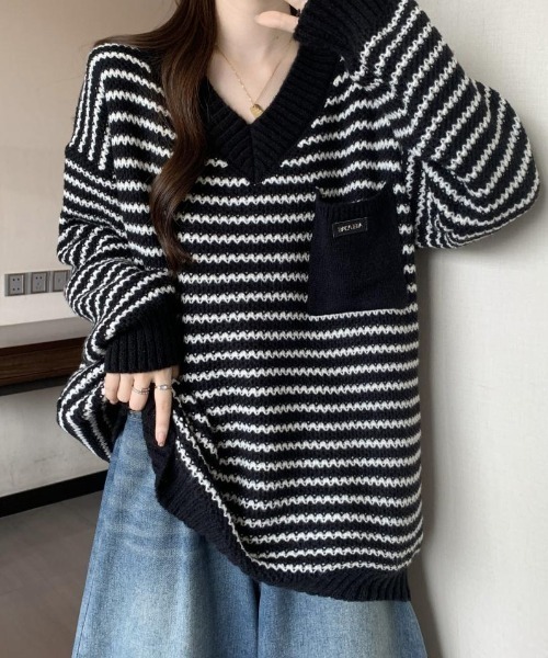 Sibra(シブラ)の「Vネックニット(ニット/セーター・レディース・ブラック/ホワイト・M)」の13枚目の写真