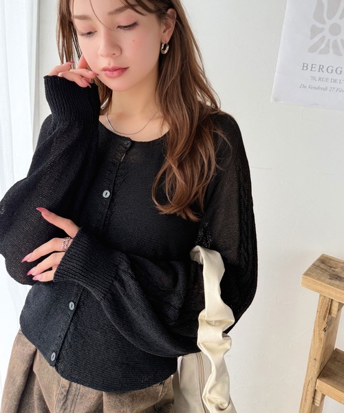 mily bilet(ミウィビレット)の「【mily bilet】冷房対策。携帯に便利♪トレンド感あるシアー素材が魅力。マルチWAY透かし編みケーブル柄切り替えニットカーディガン(カーディガン/ボレロ・レディース・ブルー/グレー/ブラック/アイボリー・X-LARGE/SMALL/MEDIUM/LARGE)」の3枚目の写真