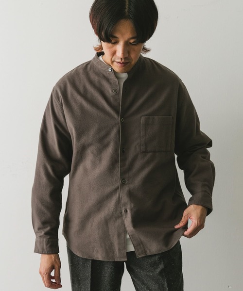 かぐれ　コットンフランネルシャツワンピース　チャコール　バンドカラー　起毛 かぐれ コットンフランネルシャツワンピース チャコール バンドカラー