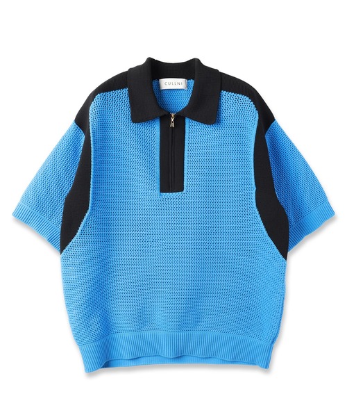 セール】Bi Color Mesh Knit Zip Up Polo Shirt（ニット