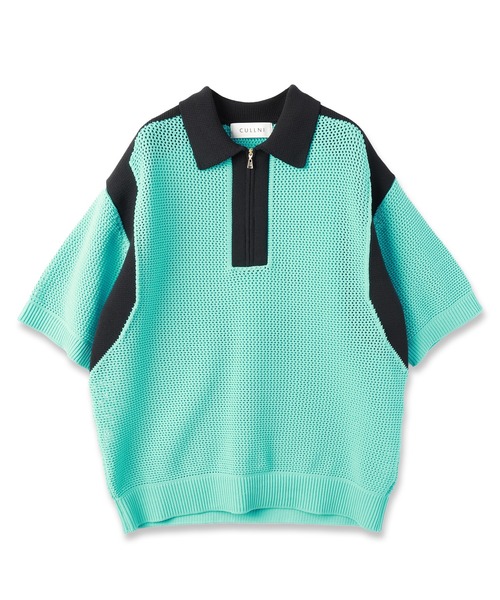 セール】Bi Color Mesh Knit Zip Up Polo Shirt（ニット