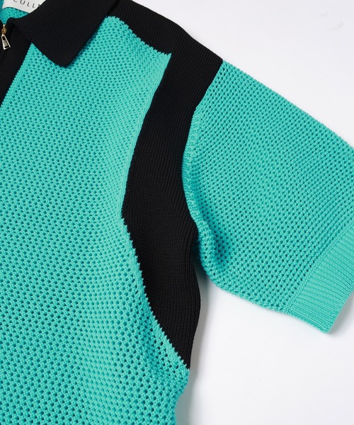 セール】Bi Color Mesh Knit Zip Up Polo Shirt（ニット