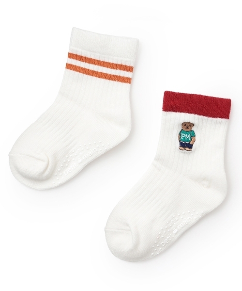 petit main(プティマイン)の「くま・ラインクルーソックス2P(ソックス/靴下・キッズ・黄緑系/オレンジ/ブラック・L/M/S/SS)」の1枚目の写真