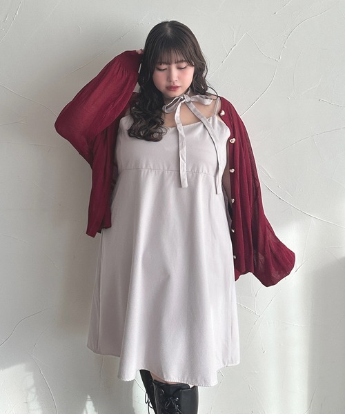 Louiosy(ルオシー)の「【大きいサイズ】チョーカー付きキャミソールミニワンピース(ワンピース・レディース・ブラック/グリーン系その他/グレイッシュベージュ・X-LARGE/3L/4L)」の4枚目の写真
