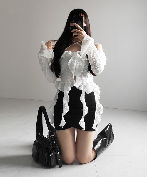 me+em select(ミームセレクト)の「【 2color / インパン裏地付 】サイドタックギャザータイトミニスカート /side tuck gather tight mini skirt(スカート・レディース・ブラック/グレー・LARGE/MEDIUM/SMALL)」の10枚目の写真