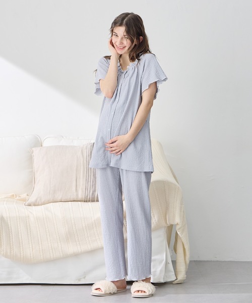 Rosemadame(ローズマダム)の「シャーリング ジャガードパジャマ(産前・産後対応 マタニティ&授乳服 ルームウェア 上下セット)(マタニティウェア/グッズ・レディース・サックスブルー/オレンジ/ブラック×ホワイト・L/LL/M)」の5枚目の写真