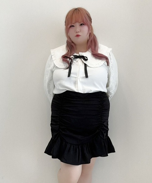 DearMyLoveWhip(ディアマイラブホイップ)の「【大きいサイズ】ドロストギャザーフレアミニスカート(スカート・レディース・ブラック/ブラックミックス/ベビーピンク・4L/5L/6L)」の5枚目の写真
