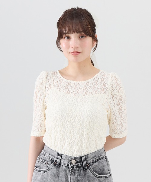 REDYAZEL（レディアゼル）の「フラワーレース5分袖トップス（Tシャツ/カットソー・レディース・ホワイト/ブラック/オフホワイト・FREE）」の6枚目の写真