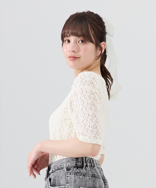 REDYAZEL（レディアゼル）の「フラワーレース5分袖トップス（Tシャツ/カットソー・レディース・ホワイト/ブラック/オフホワイト・FREE）」の8枚目の写真