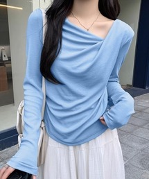 サイドギャザードレープトップス アシンメトリー ドレープネック トップス 長袖 カットソー 春服 秋服