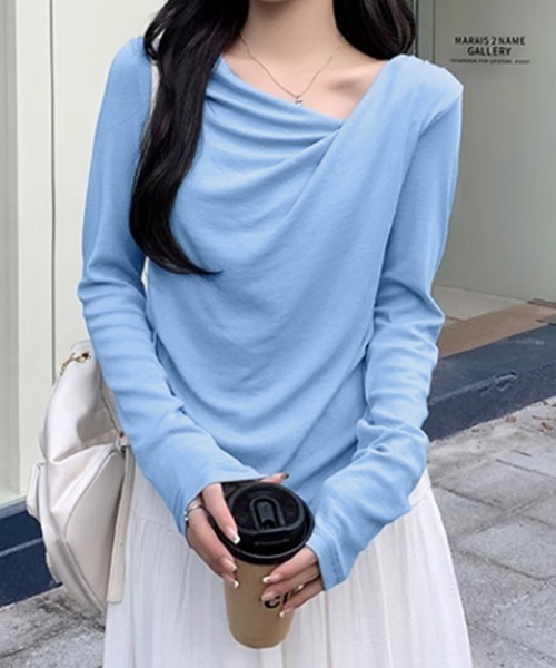 COCOMOMO(ココモモ)の「サイドギャザードレープトップス アシンメトリー ドレープネック トップス 長袖 カットソー 春服 秋服(Tシャツ/カットソー・レディース・ブラウン/ベージュ/ライトブラウン/ブルー/ブラック/ホワイト・FREE)」の21枚目の写真