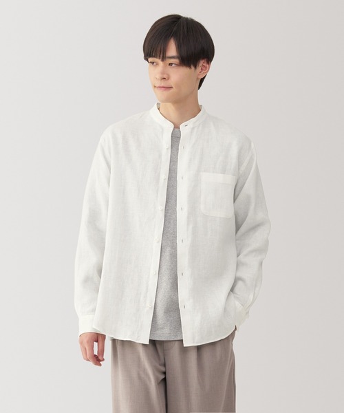紳士 リネン洗いざらしスタンドカラー長袖シャツ（シャツ