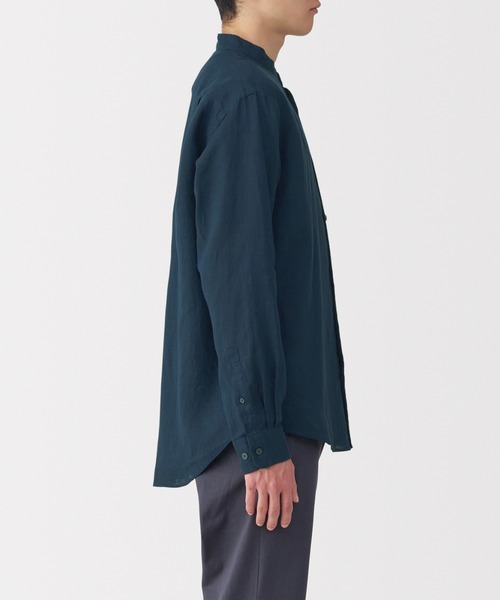 紳士 リネン洗いざらしスタンドカラー長袖シャツ（シャツ