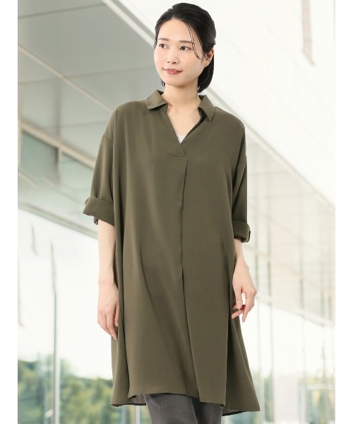 m.f.editorial（エムエフエディトリアル）の「【防シワ ウォッシャブル】m.f.エディトリアル レディース 吸水速乾 7分袖 スキッパー シャツワンピース（ワンピース・レディース・カーキ/ホワイト/ライトグリーン・MEDIUM/LARGE）」の2枚目の写真