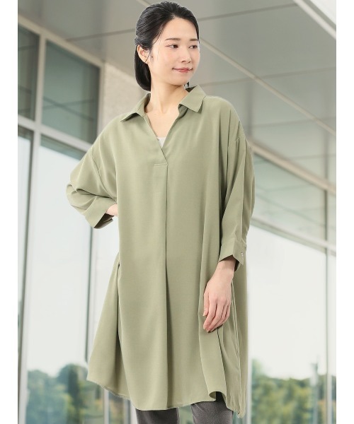 m.f.editorial（エムエフエディトリアル）の「【防シワ ウォッシャブル】m.f.エディトリアル レディース 吸水速乾 7分袖 スキッパー シャツワンピース（ワンピース・レディース・カーキ/ホワイト/ライトグリーン・MEDIUM/LARGE）」の3枚目の写真