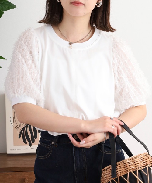 tシャツ Anna Nicola パール付き半袖ロゴTシャツ レディース アンナニコラ Anna Nicola パール付き半袖ロゴTシャツ