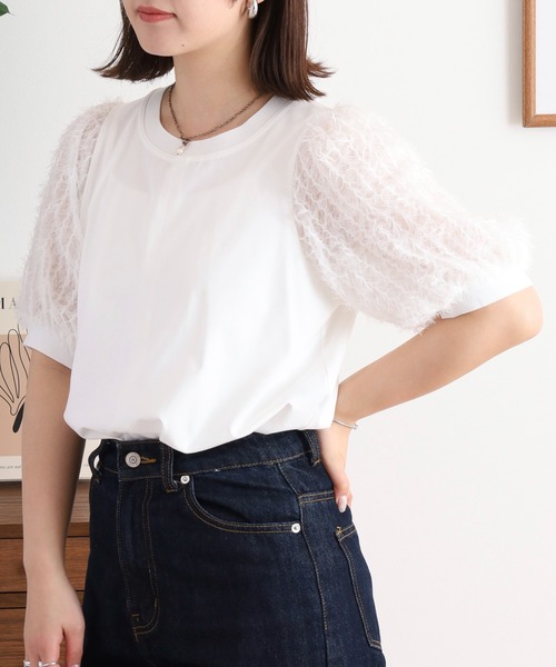 アンナニコラ Anna Nicola 異素材切替ドルマンスリーブシアーカットソー【日本製】 （ピンク） Anna Nicola（アンナニコラ） 異素材切替ドルマンスリーブシアー