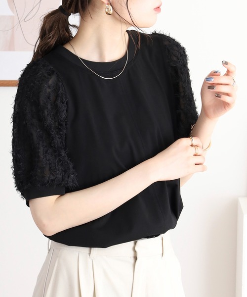 アンナニコラ Anna Nicola 異素材切替ドルマンスリーブシアーカットソー【日本製】 （ピンク） Anna Nicola（アンナニコラ） 異素材切替ドルマンスリーブシアー